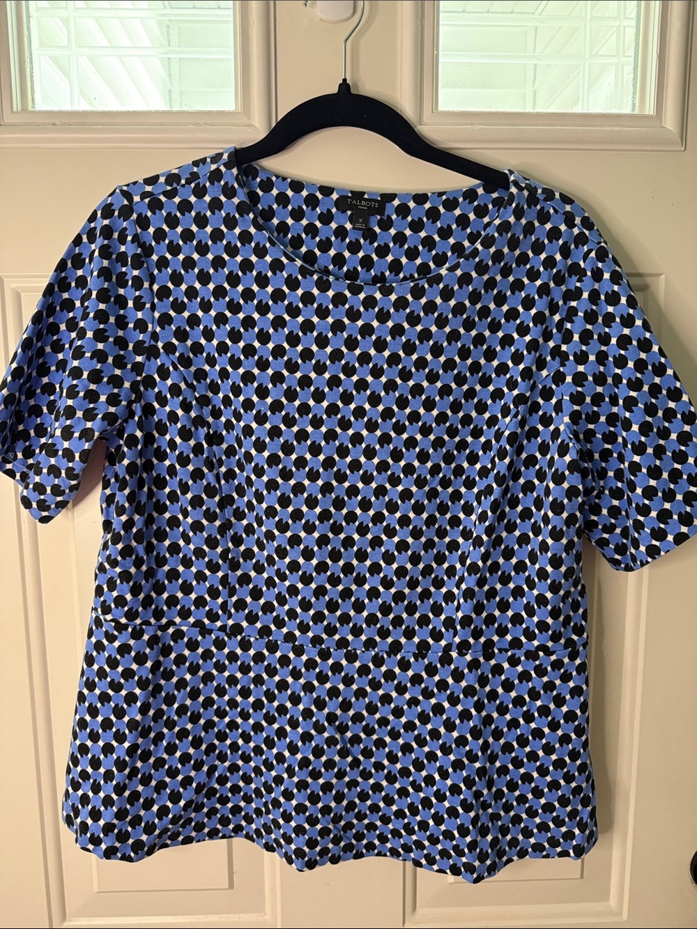 Talbots Blue and Black Geo Dot Short Sleeve peplum Tee